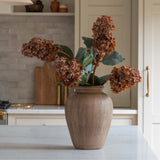 Brown Tall Hydrangea Stem in a rustic vase on a kitchen island