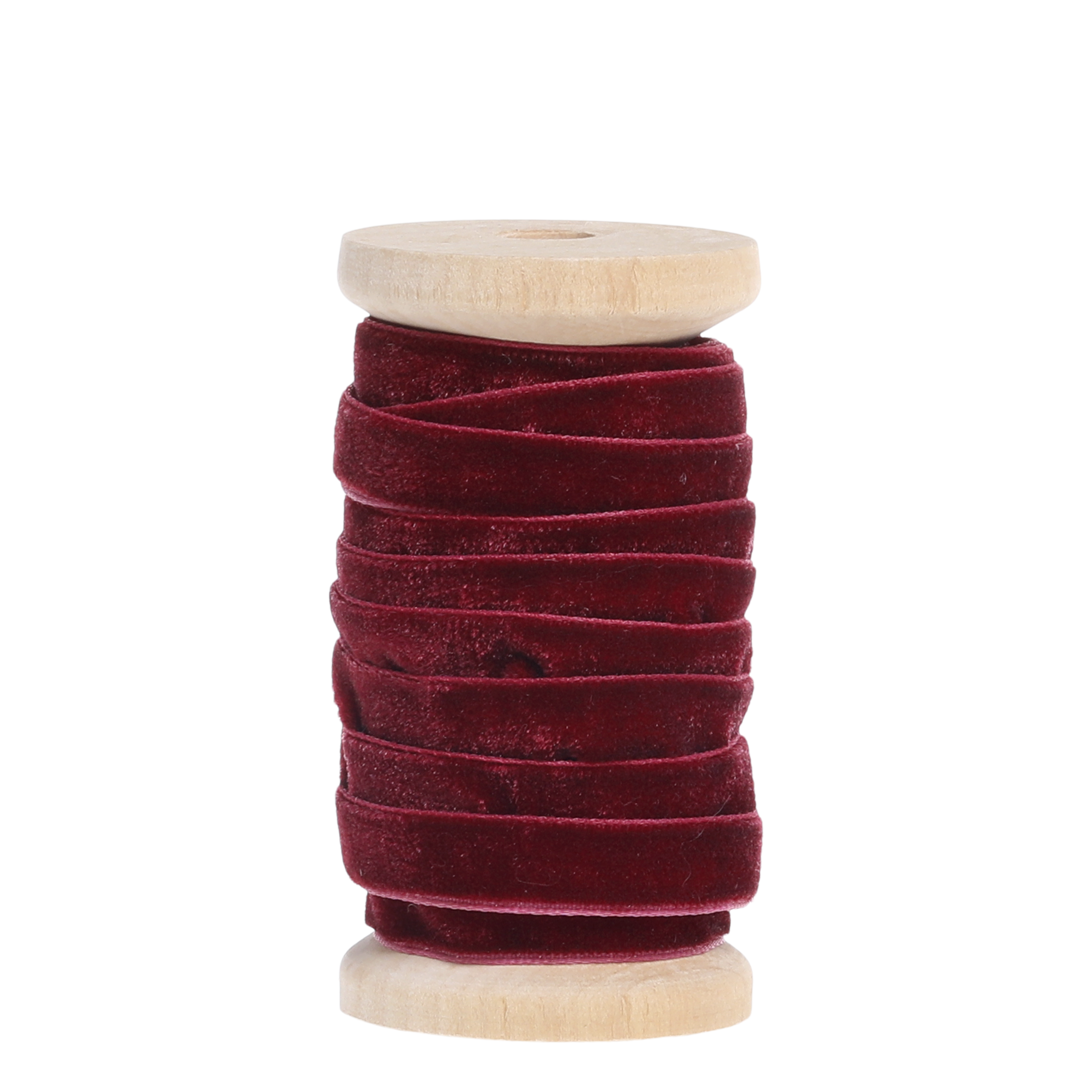 Burgundy velvet ribbon on wooden spool, 5m x 1.5cm for crafts, sewing, and gift wrapping