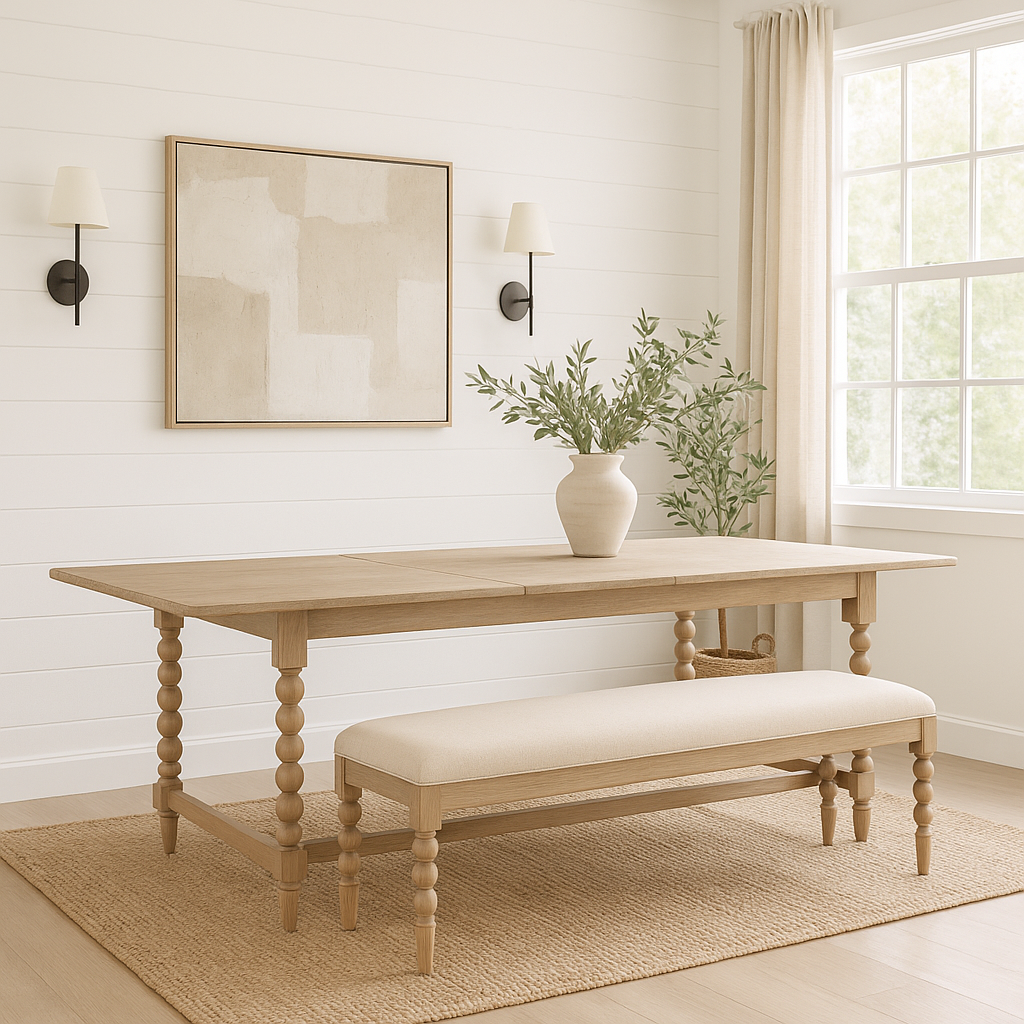 A bright dining room with white shiplap walls, a light wood dining table with spindle legs, and a matching beige upholstered bench. The set sits on a textured jute rug over light wood floors. Above the table hangs abstract art flanked by two black sconces with white shades. A large window with beige linen curtains lets in natural light, and an olive tree in a woven basket stands in the corner