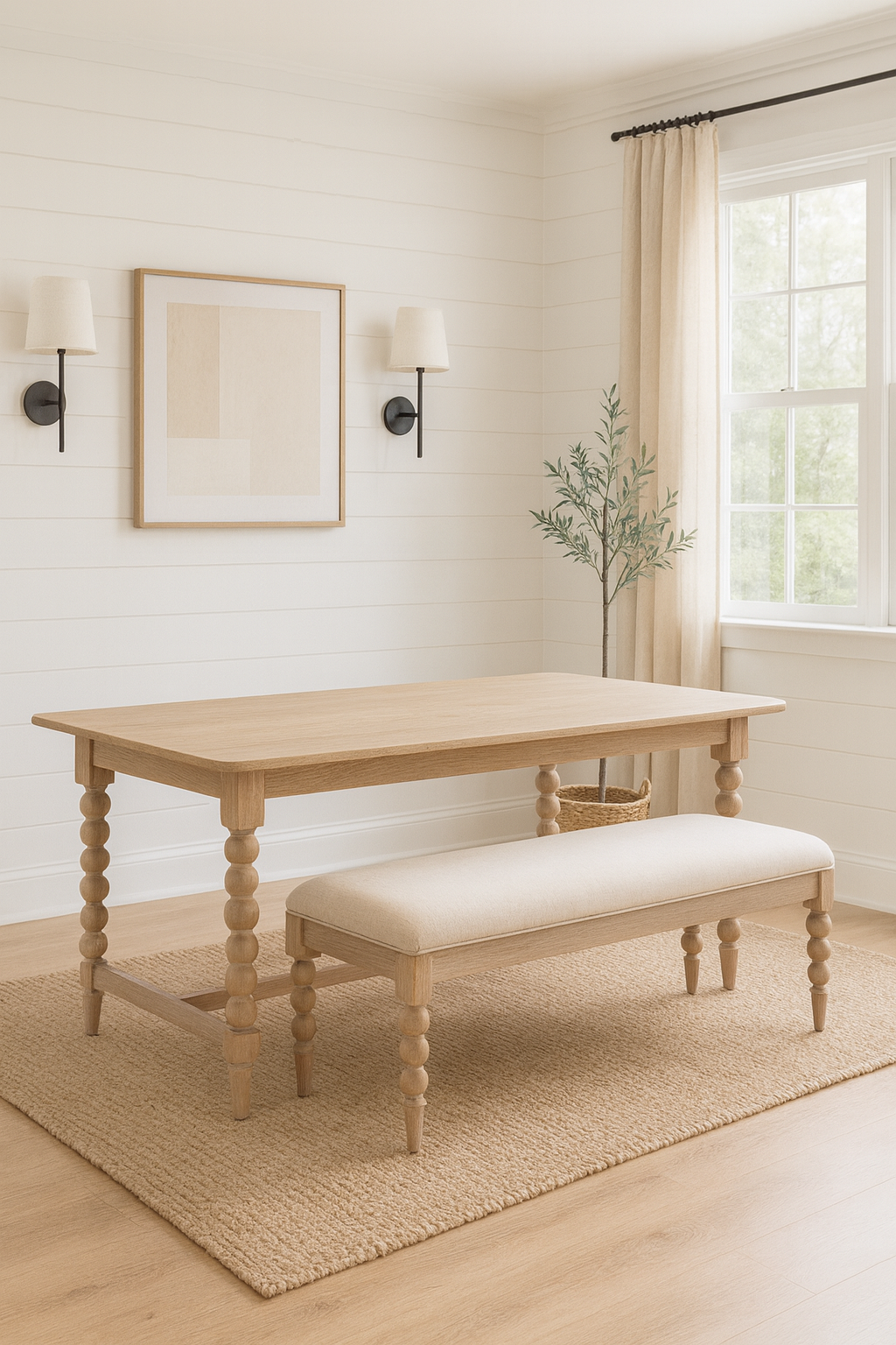 A bright dining room with white shiplap walls, a light wood dining table with spindle legs, and a matching beige upholstered bench. The set sits on a textured jute rug over light wood floors. Above the table hangs abstract art flanked by two black sconces with white shades. A large window with beige linen curtains lets in natural light, and an olive tree in a woven basket stands in the corner.