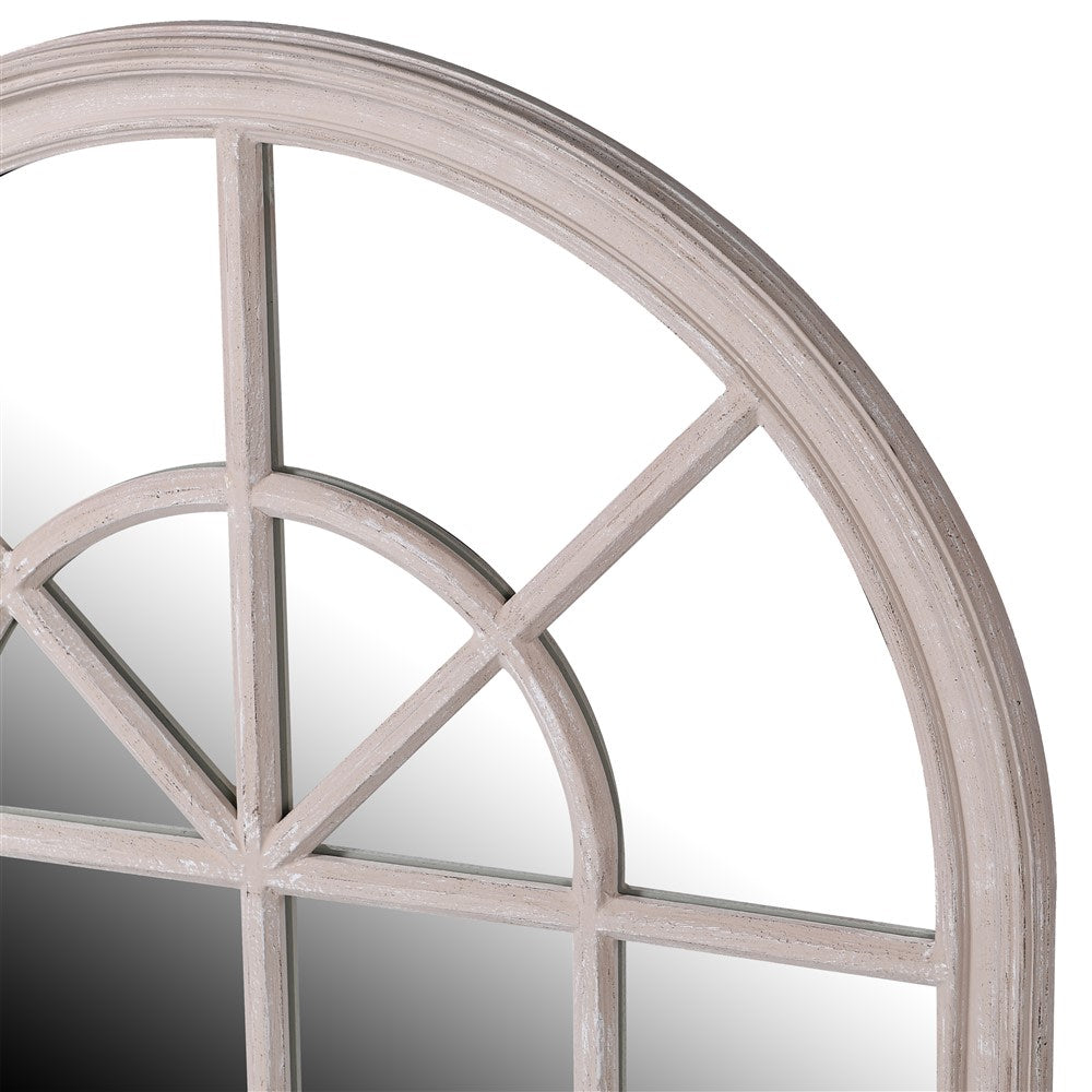 Close up of Charles Ted Arched Window Mirror taupe wooden frame