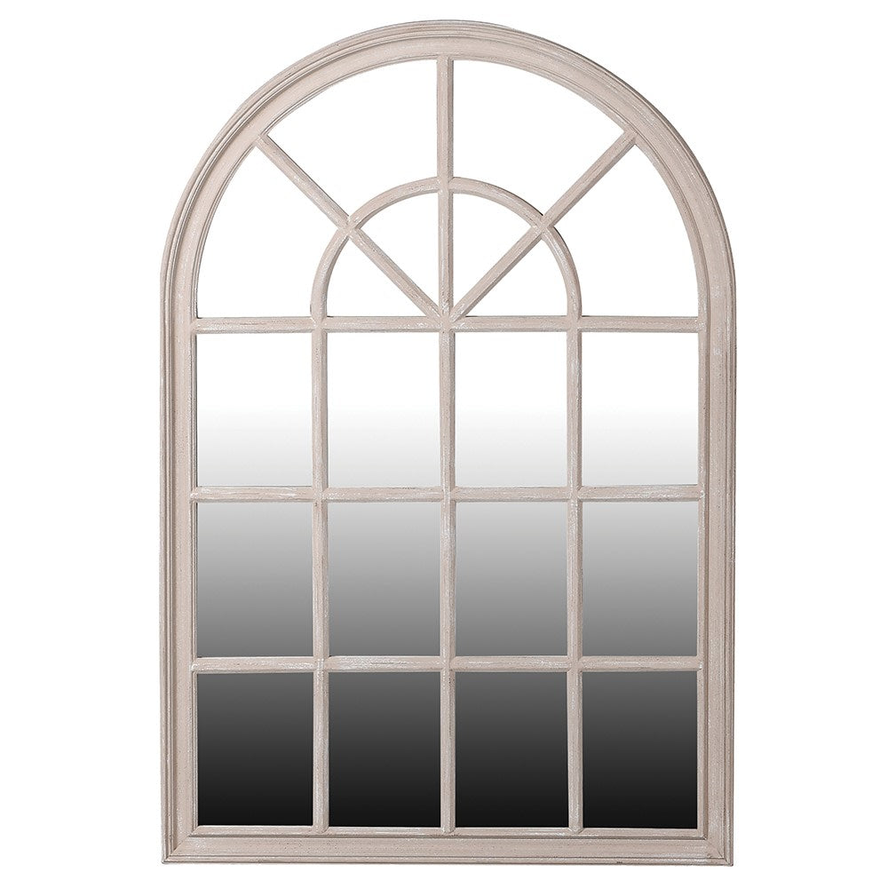 Charles Ted Arched Window Mirror crafted from Paulownia wood with taupe distressed frame
