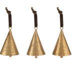 Charles Ted Artisan Brass Bell Baubles with hand-hammered patterns and velvet ties displayed on a white surface