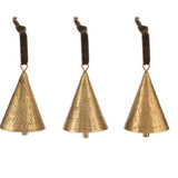 Charles Ted Artisan Brass Bell Baubles with hand-hammered patterns and velvet ties displayed on a white surface