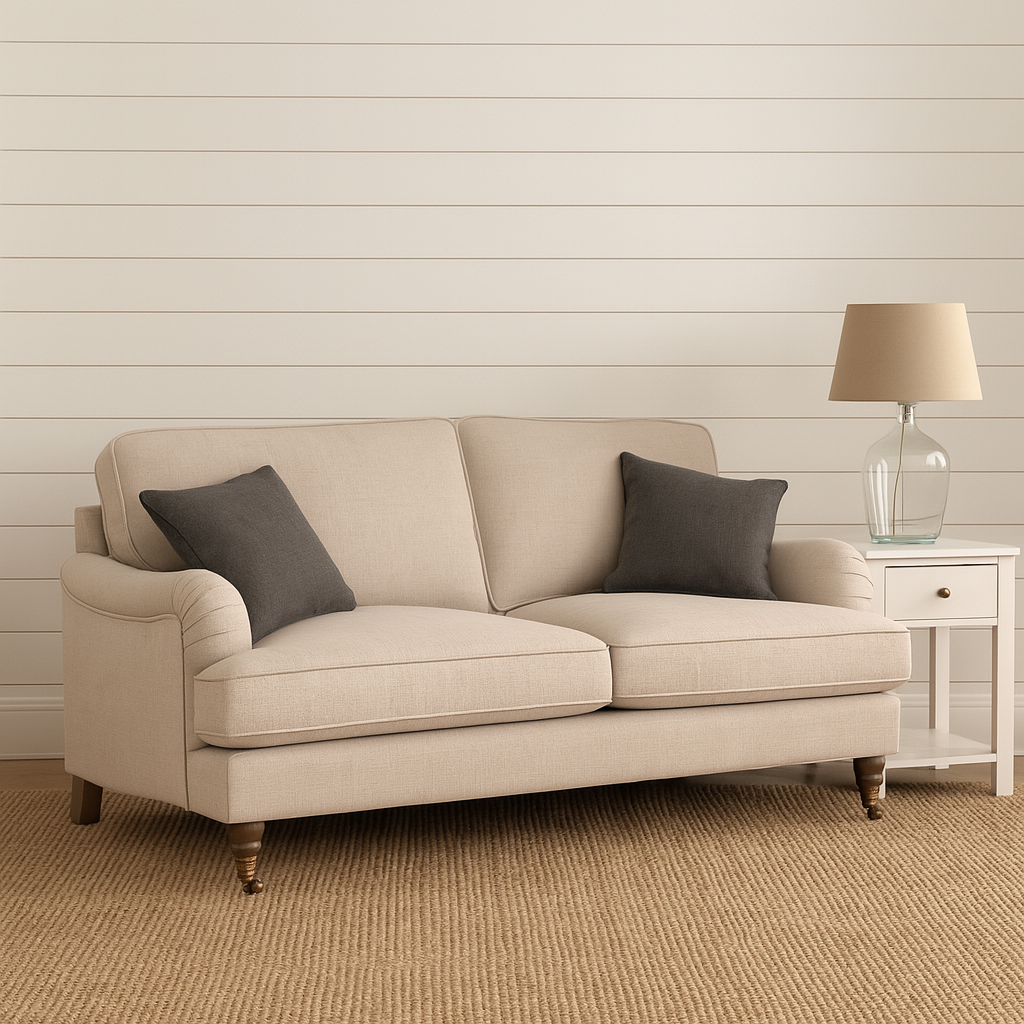 Beige sofa with dark cushions in a room with a lamp and side table.