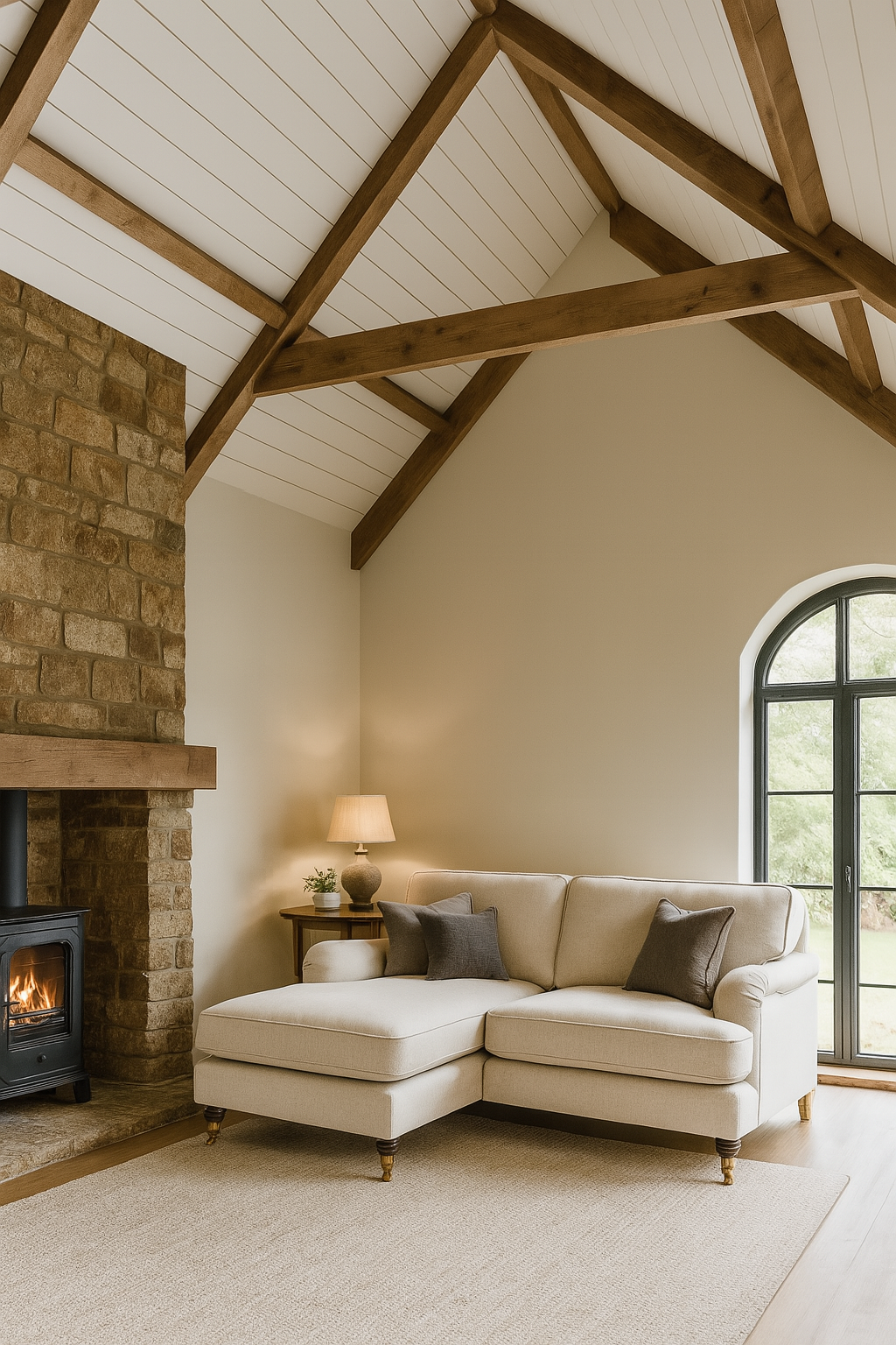 Cozy living room with a fireplace, beige sectional sofa, and large window.