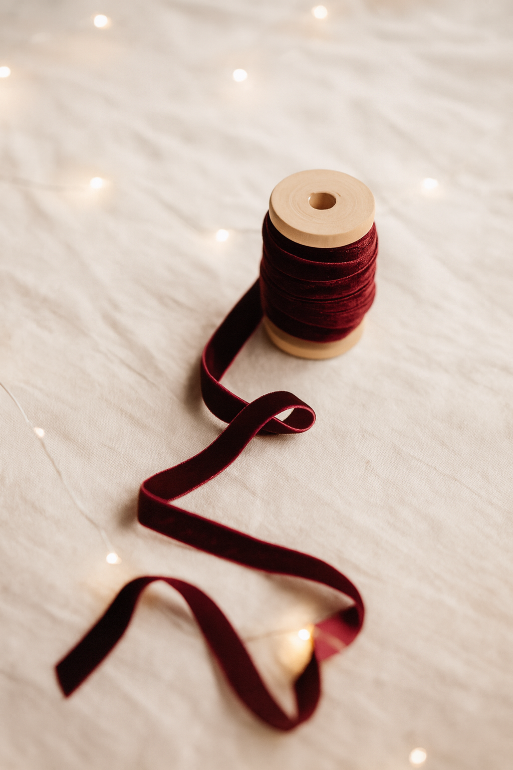 Spool of red ribbon on a textured surface with blurred lights in the background