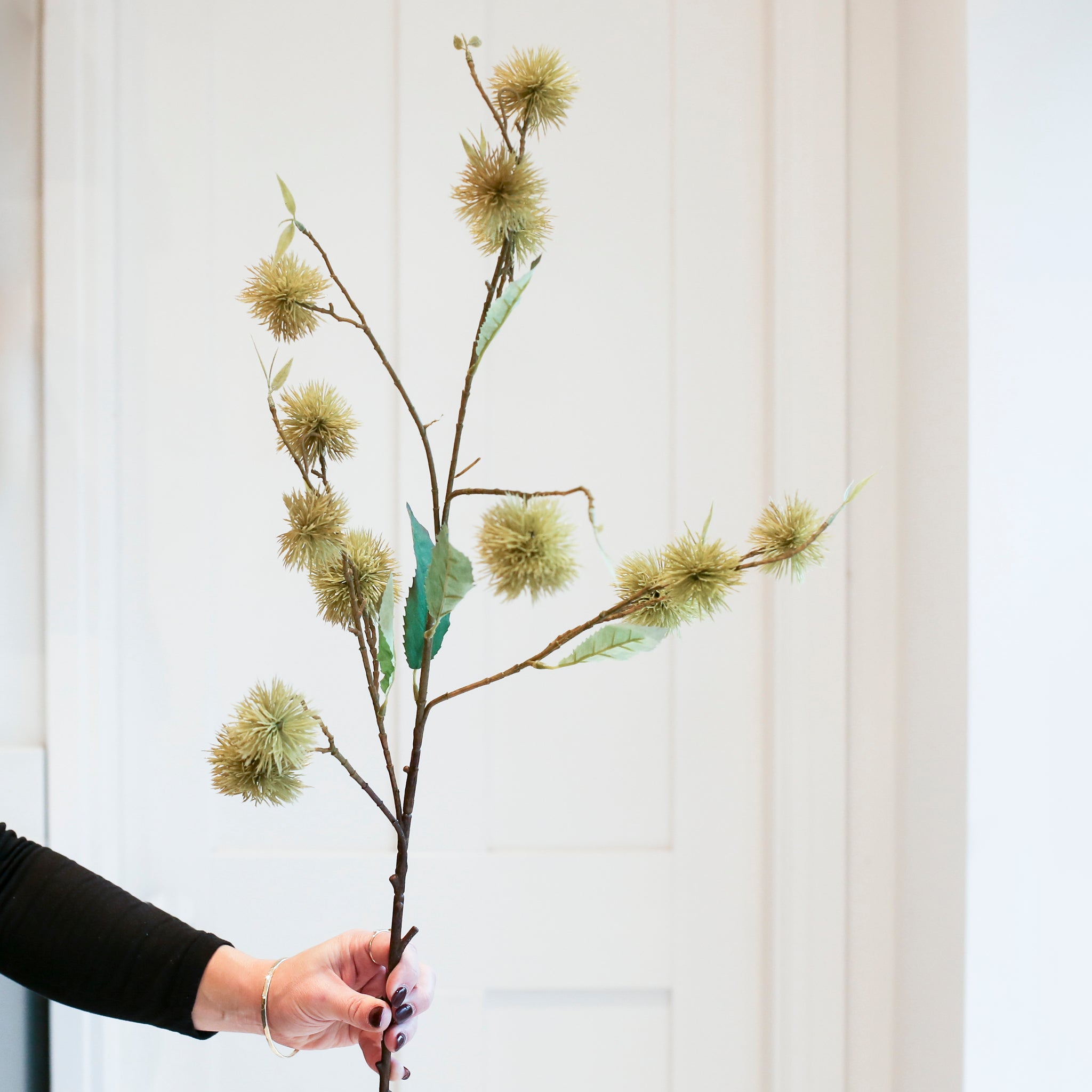 A person holding a artificial chestnut spray decoration.
