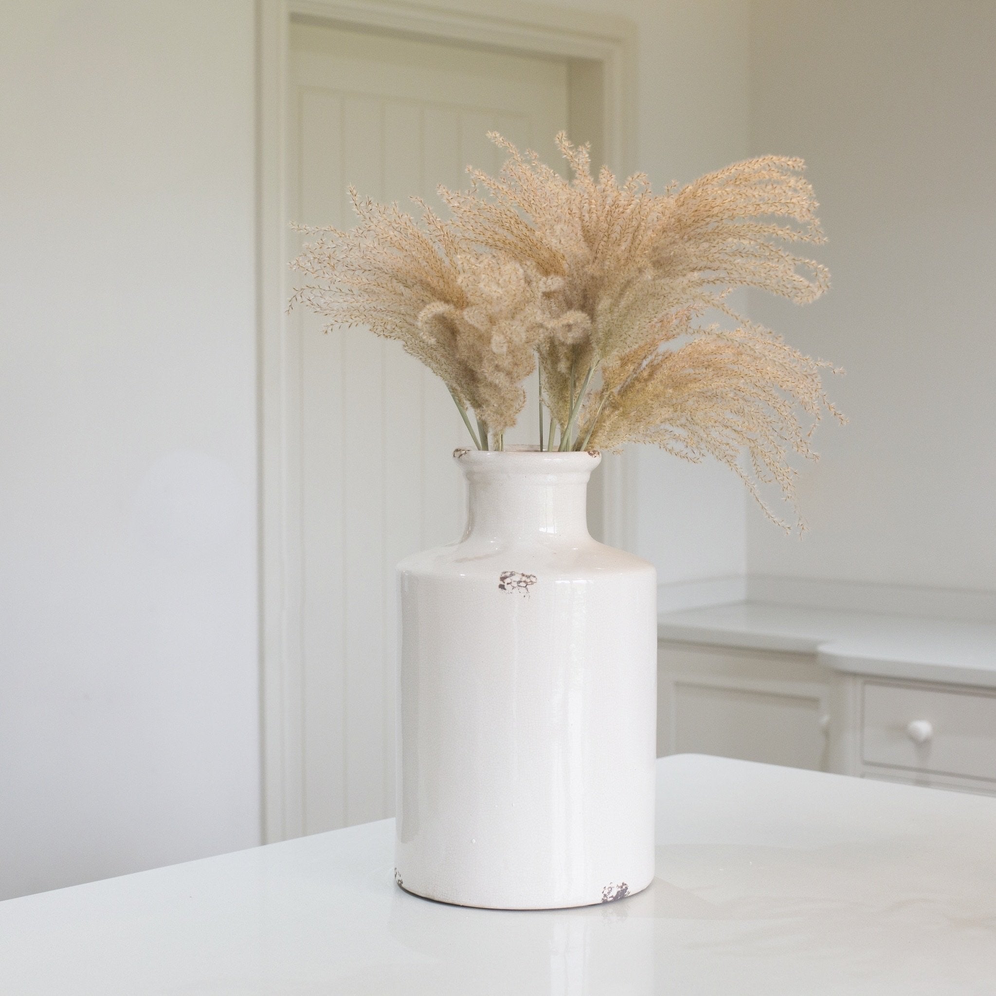White ceramic vase with a slender bottle-neck design with pampas stems