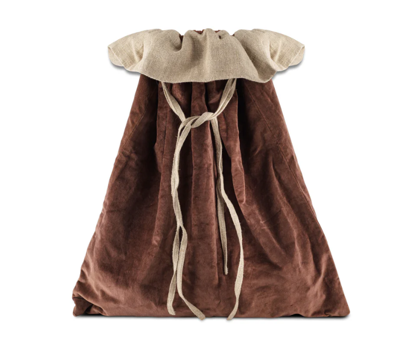 Gift sack made with coffee-coloured velvet and rustic linen