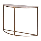 A demi-lune console table with a bronze metal frame and travertine marble top.