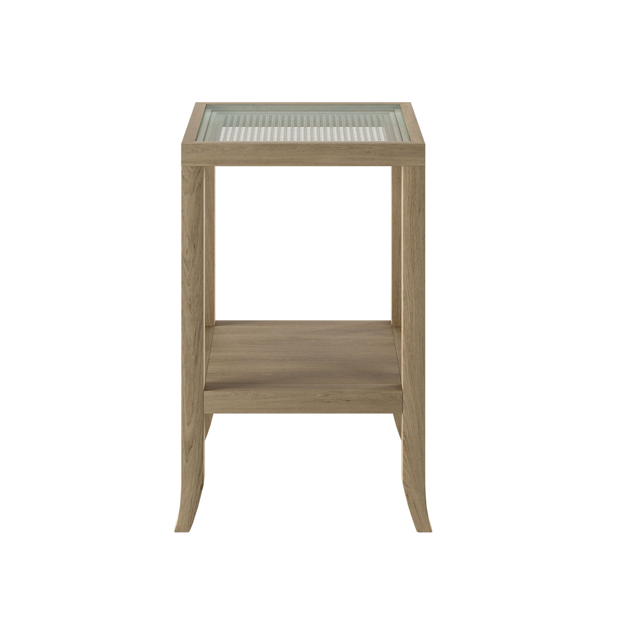 A stunning end table crafted in aged oak featuring a glass top, tapered legs and a shelf underneath.