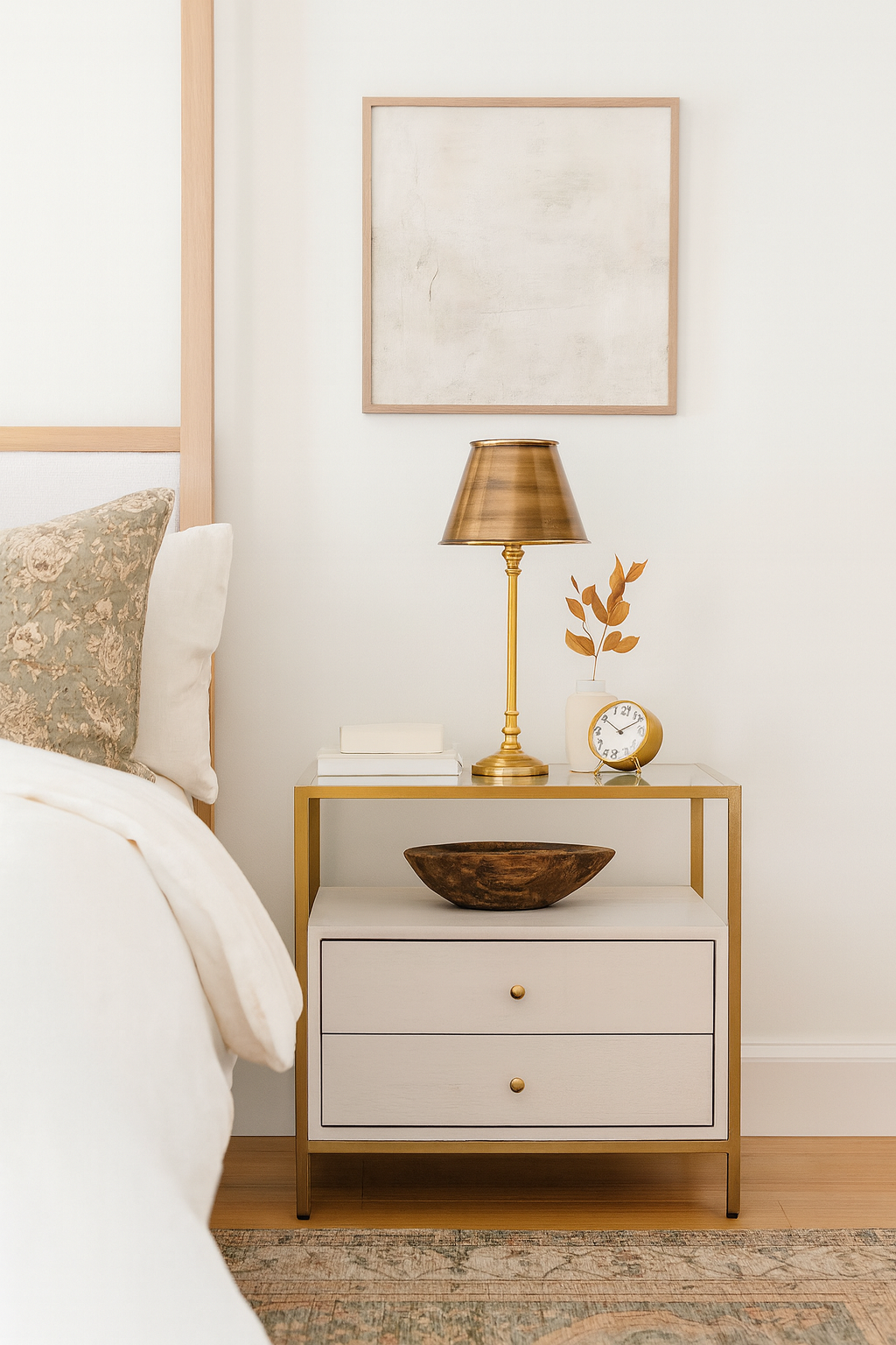 Nighstand with lamp, clock, and decorative bowl in a bedroom setting