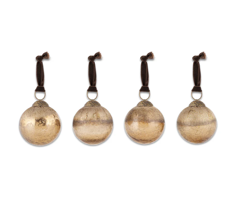 Charles Ted Gold Crackle Baubles set of four with foil finish and velvet ties displayed tabletop