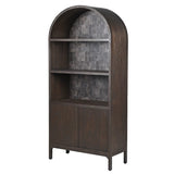 Wooden bookshelf with arched top on a white background