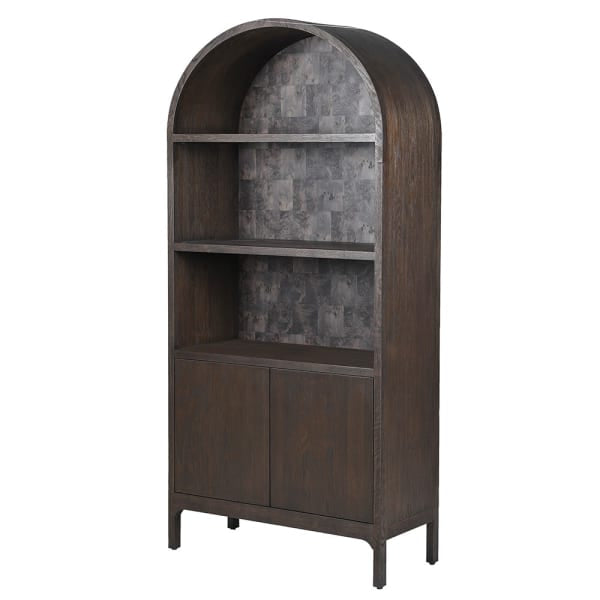 Wooden bookshelf with arched top on a white background