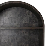 Dark stone wall with a wooden shelf