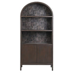 Dark wooden bookshelf with arched top on a white background