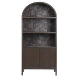 Dark wooden bookshelf with arched top on a white background