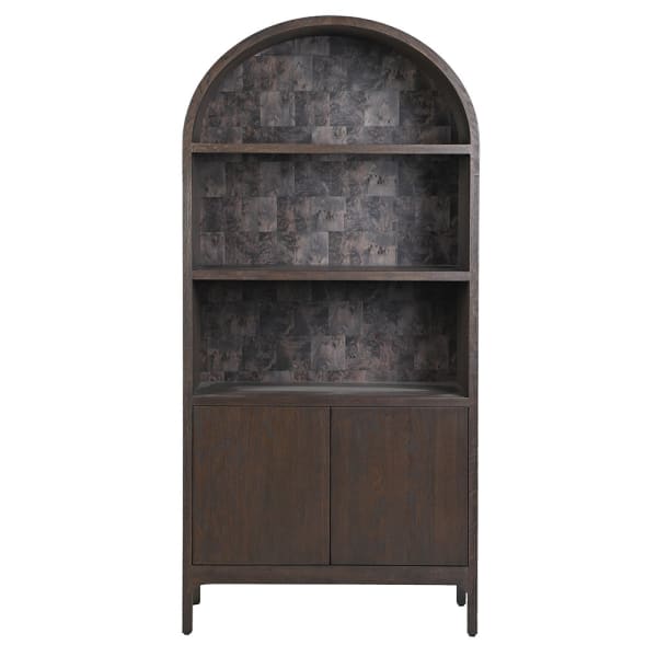 Dark wooden bookshelf with arched top on a white background