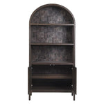 Dark wooden bookshelf with an arch top on a white background