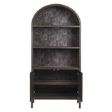 Dark wooden bookshelf with an arch top on a white background