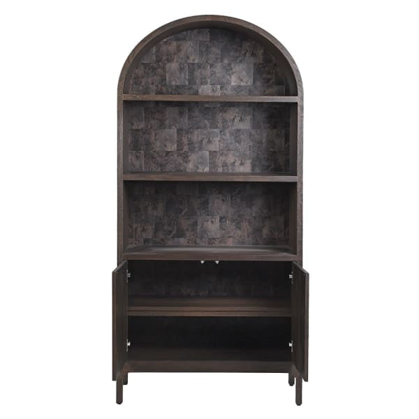 Dark wooden bookshelf with an arch top on a white background