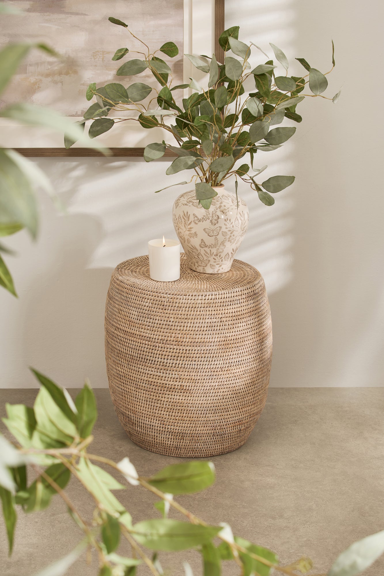 Charles Ted Kempsford Whitewash Rattan Drum Stool in Pale Rattan