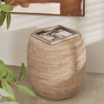 Whitewashed Rattan Stool with Natural Woven Texture