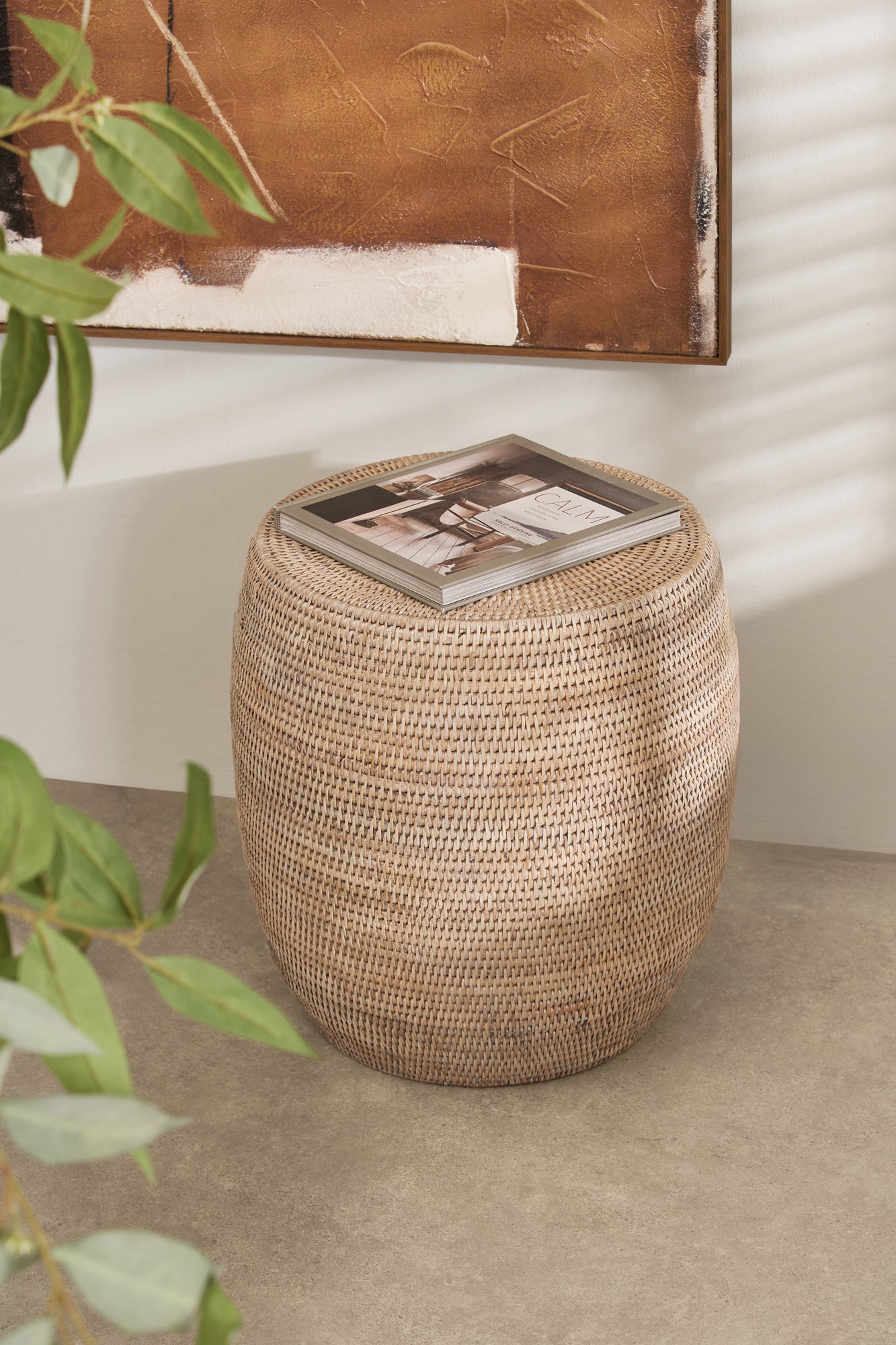Whitewashed Rattan Stool with Natural Woven Texture