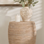 Whitewashed Rattan Stool with Natural Woven Texture