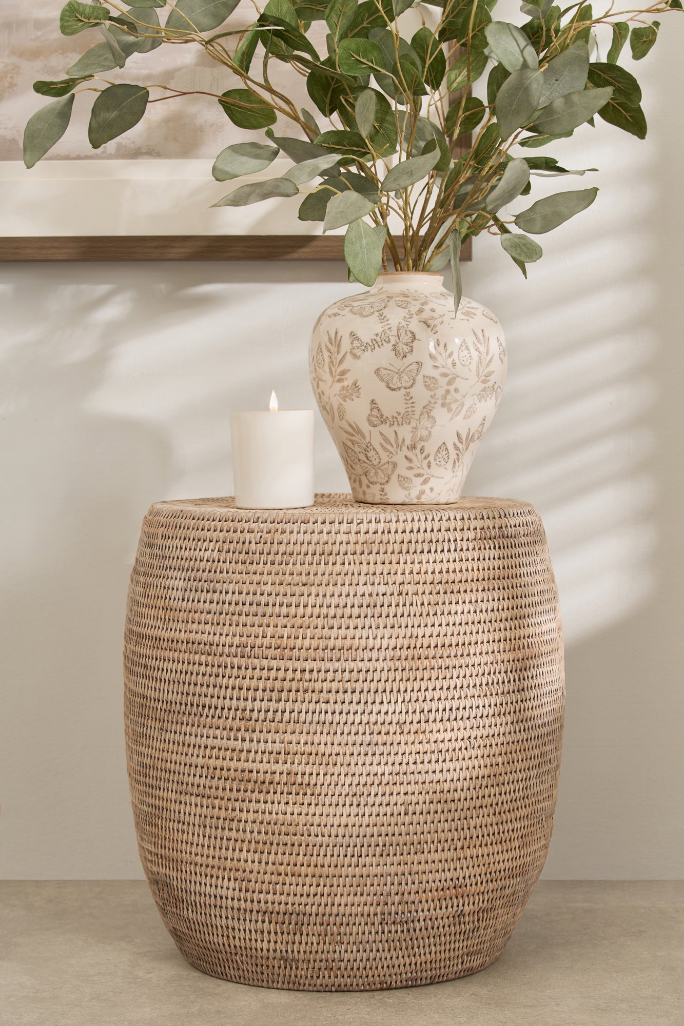 Whitewashed Rattan Stool with Natural Woven Texture