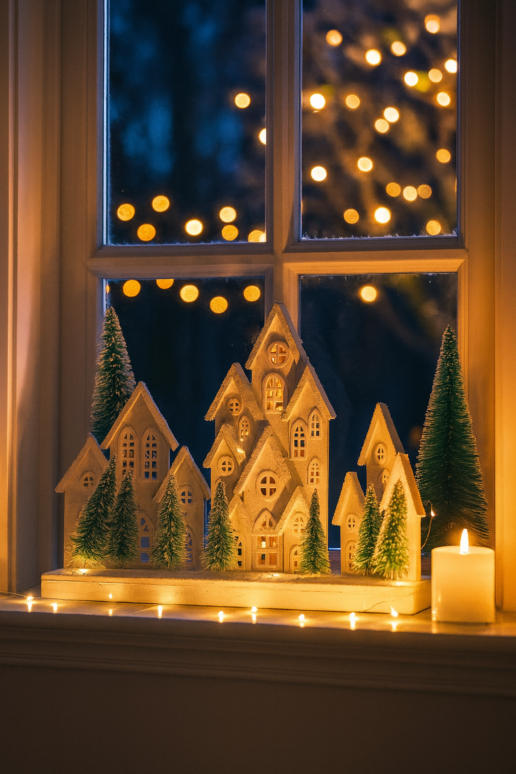 Decorative window display with houses and trees on a sill, illuminated by candles and lights.