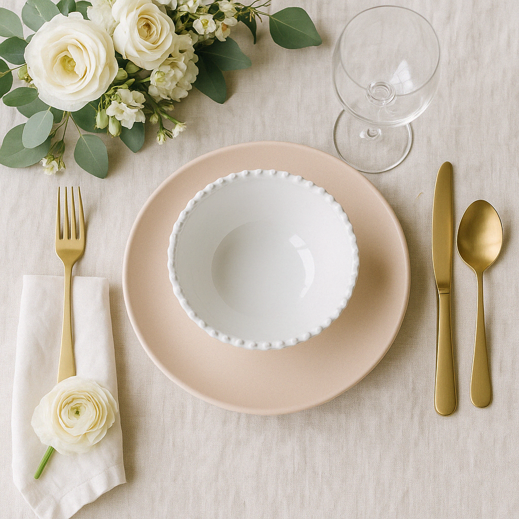 Charles Ted Pearl White Soup Cereal Bowl on blush plate with gold cutlery