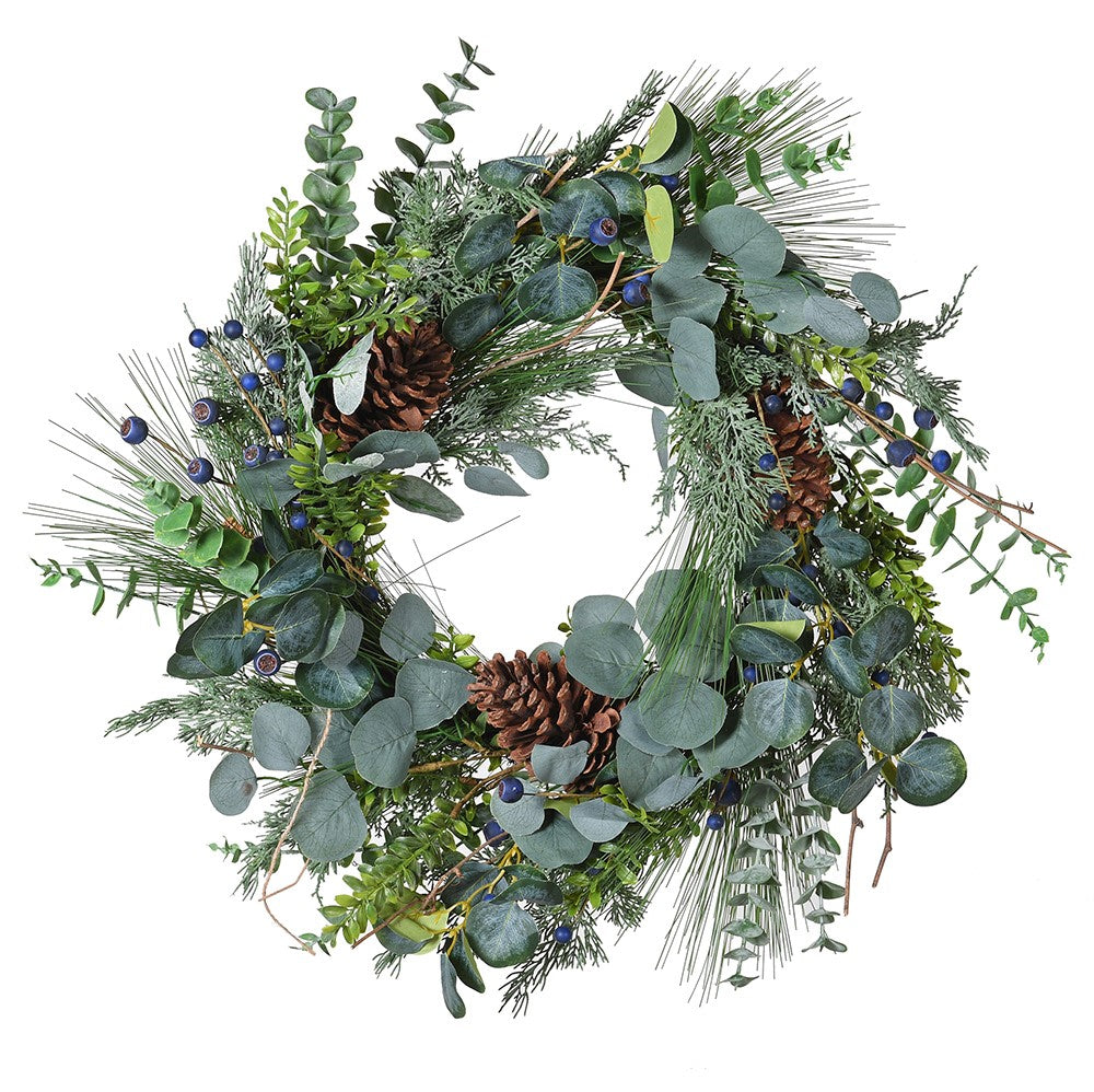 A beautiful full wreath, created using silver dollar eucalyptus, natural eucalyptus, blueberry stems, pine spray and finished with pine cones