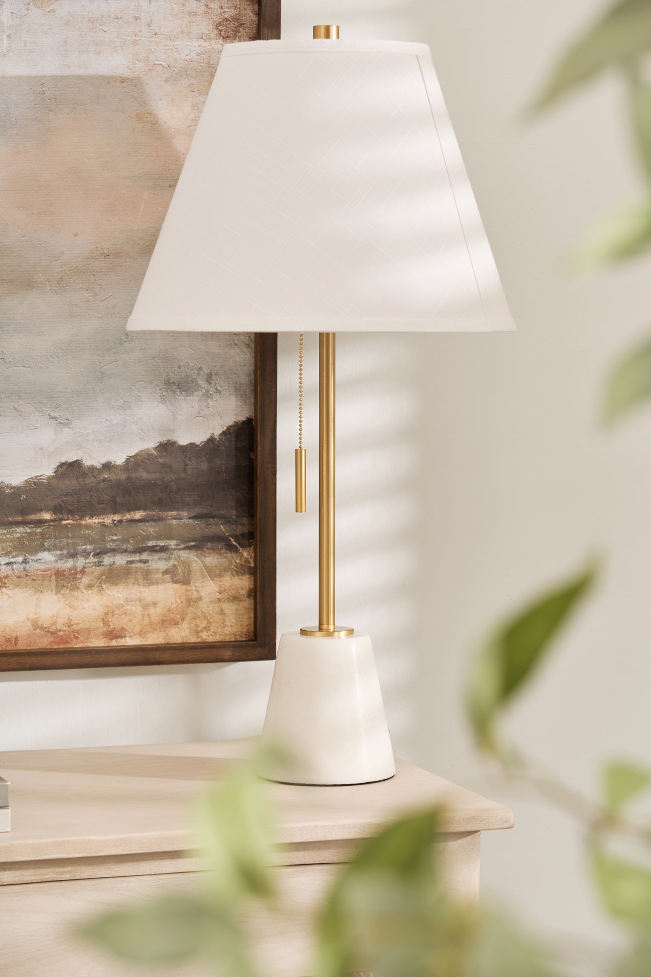 Charles Ted Rayan Marble Table Lamp with Pull Cord on wooden console