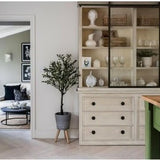 Narrow hallway with a wooden cabinet, plant, and view into another room.