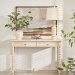 Charles Ted Travertine Slim Table Lamp with Linen Shade on console table