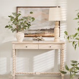 Charles Ted Travertine Slim Table Lamp with Linen Shade on console table