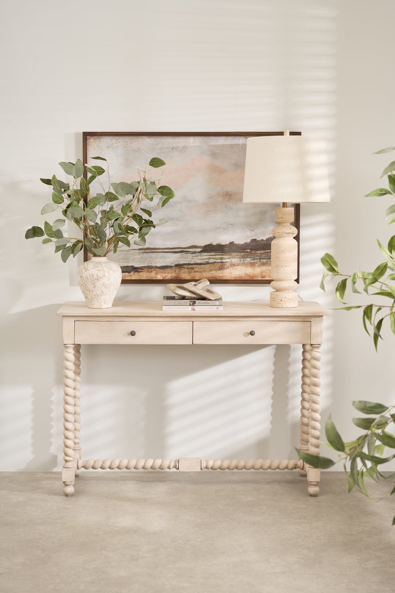 Charles Ted Travertine Slim Table Lamp with Linen Shade on console table