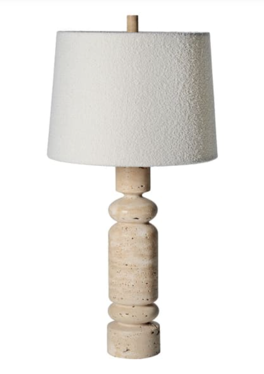 Neutral stone table lamp with textured linen shade