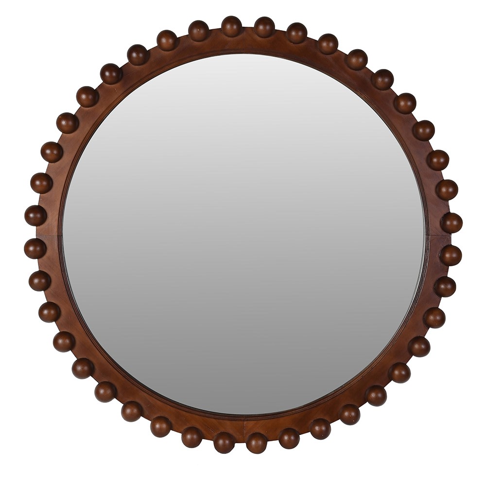 Decorative circular mirror with carved wooden spheres