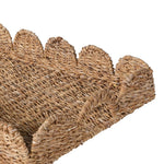 Handwoven seagrass serving tray with scalloped edges and handles CLOSE UP