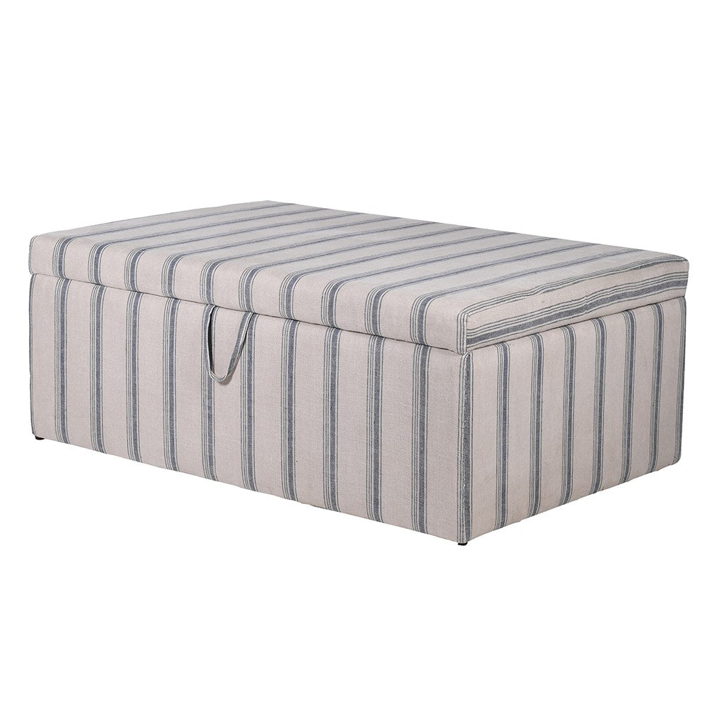Striped storage ottoman on a white background
