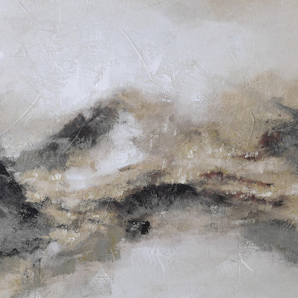 Abstract neutral landscape painting with textured beige, ivory, and charcoal tones resembling distant desert mountains under a soft hazy sky close up texture