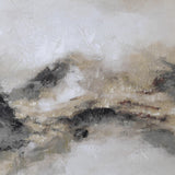 Abstract neutral landscape painting with textured beige, ivory, and charcoal tones resembling distant desert mountains under a soft hazy sky close up texture