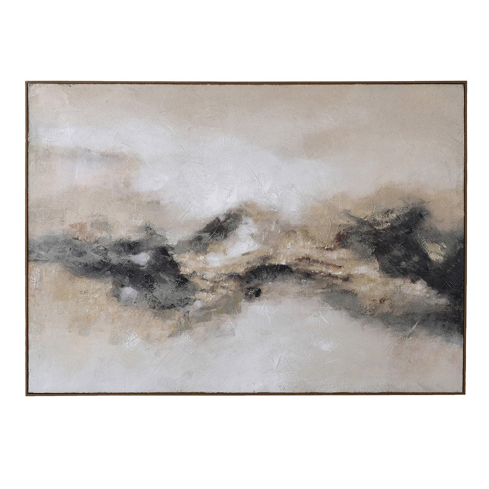 Abstract neutral landscape painting with textured beige, ivory, and charcoal tones resembling distant desert mountains under a soft hazy sky