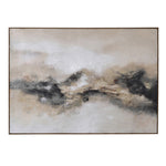 Abstract neutral landscape painting with textured beige, ivory, and charcoal tones resembling distant desert mountains under a soft hazy sky