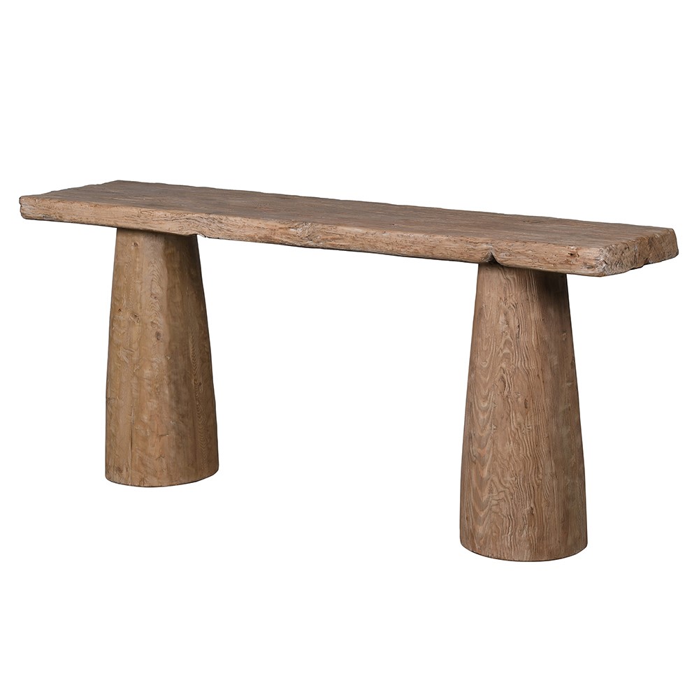 Angled view of the Dixie Reclaimed Pine Console Table with sculpted conical legs