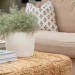 Woven ottoman with a plant and pillows on a beige sofa